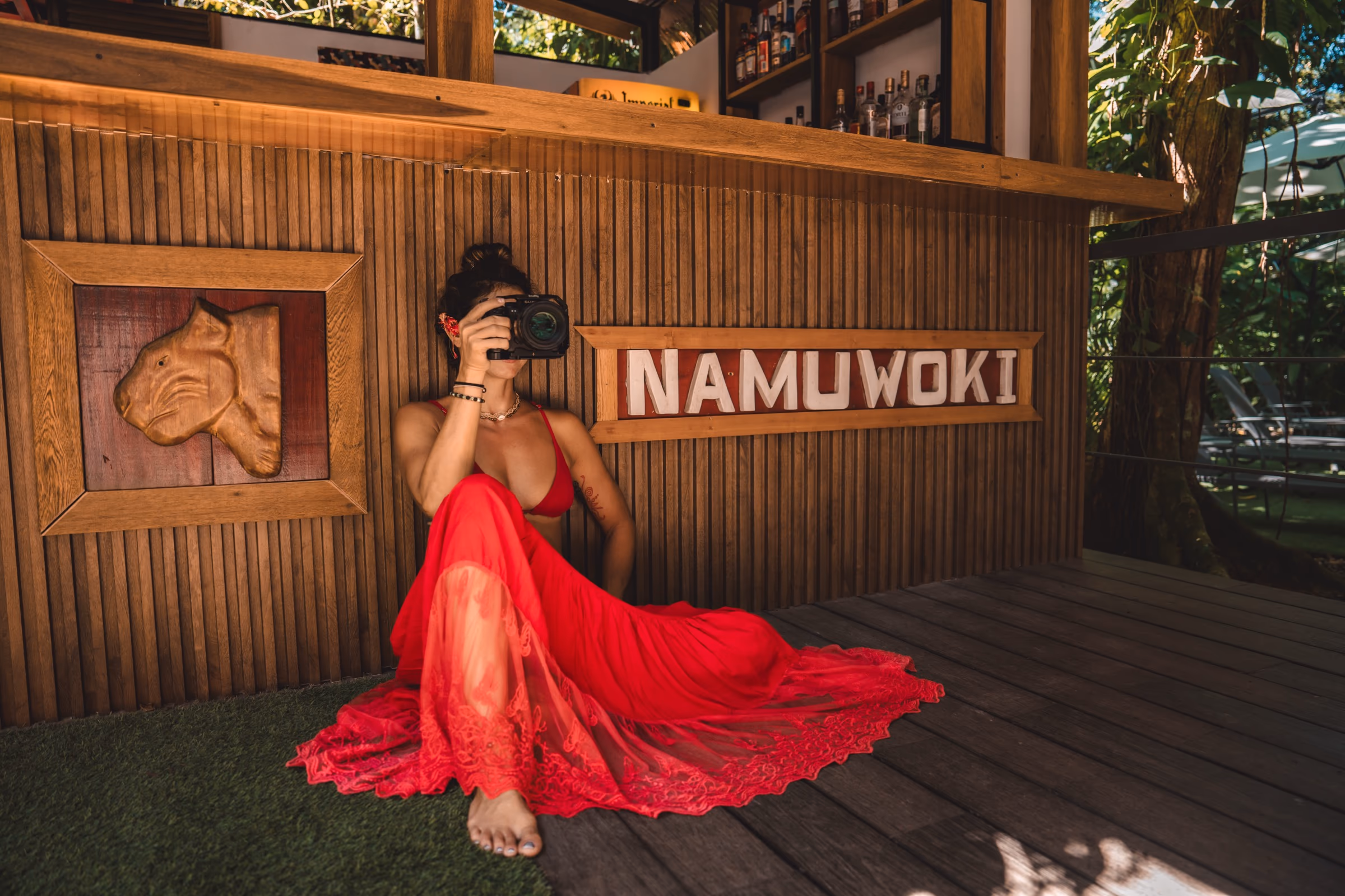 Namuwoki Lodge welcome sign at the entrance — Playa Chiquita, Caribbean coast of Costa Rica