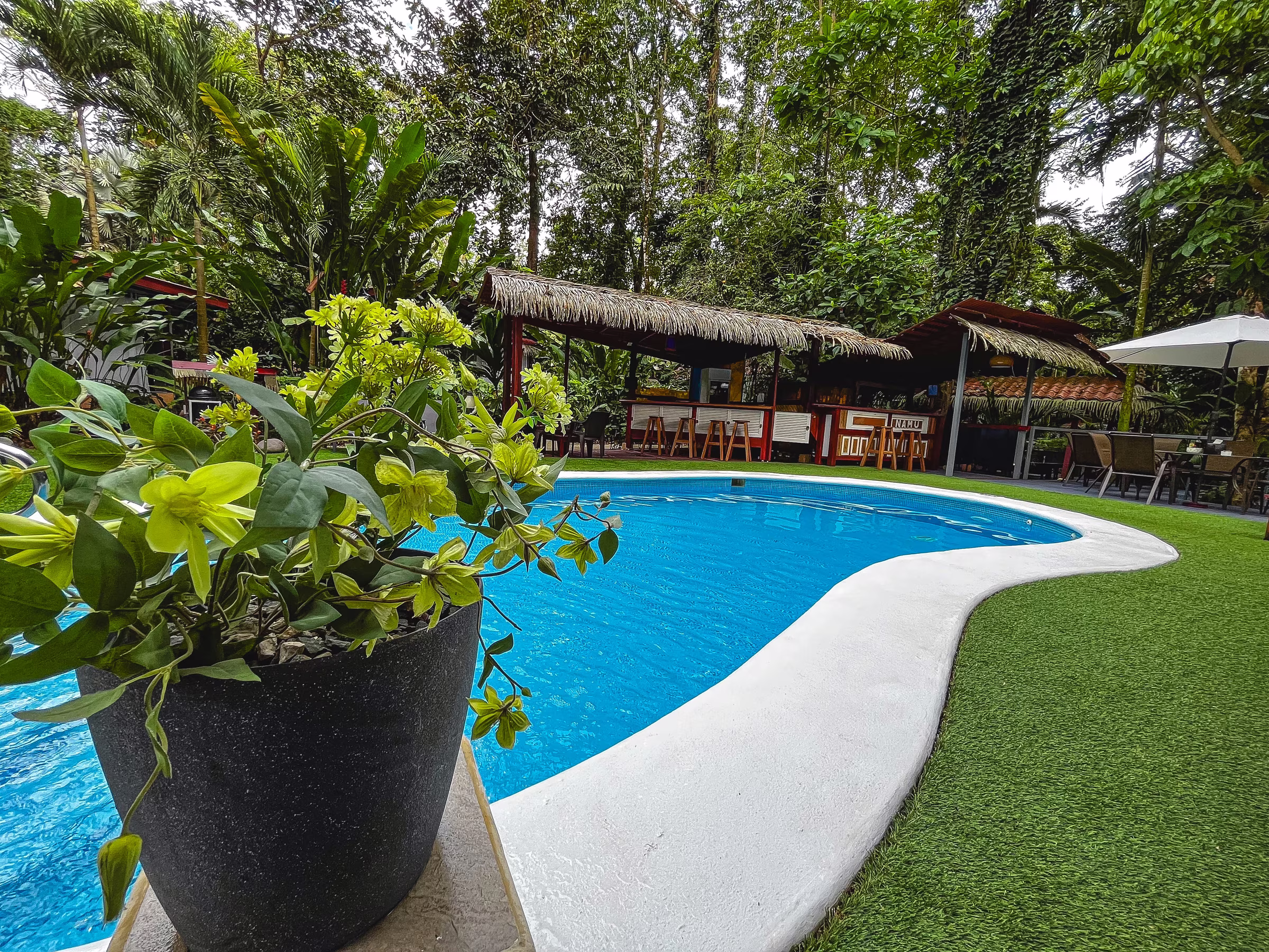 El bar junto a la piscina, con techo de palma y banquetas de madera, a unos pasos del agua en Namuwoki Lodge