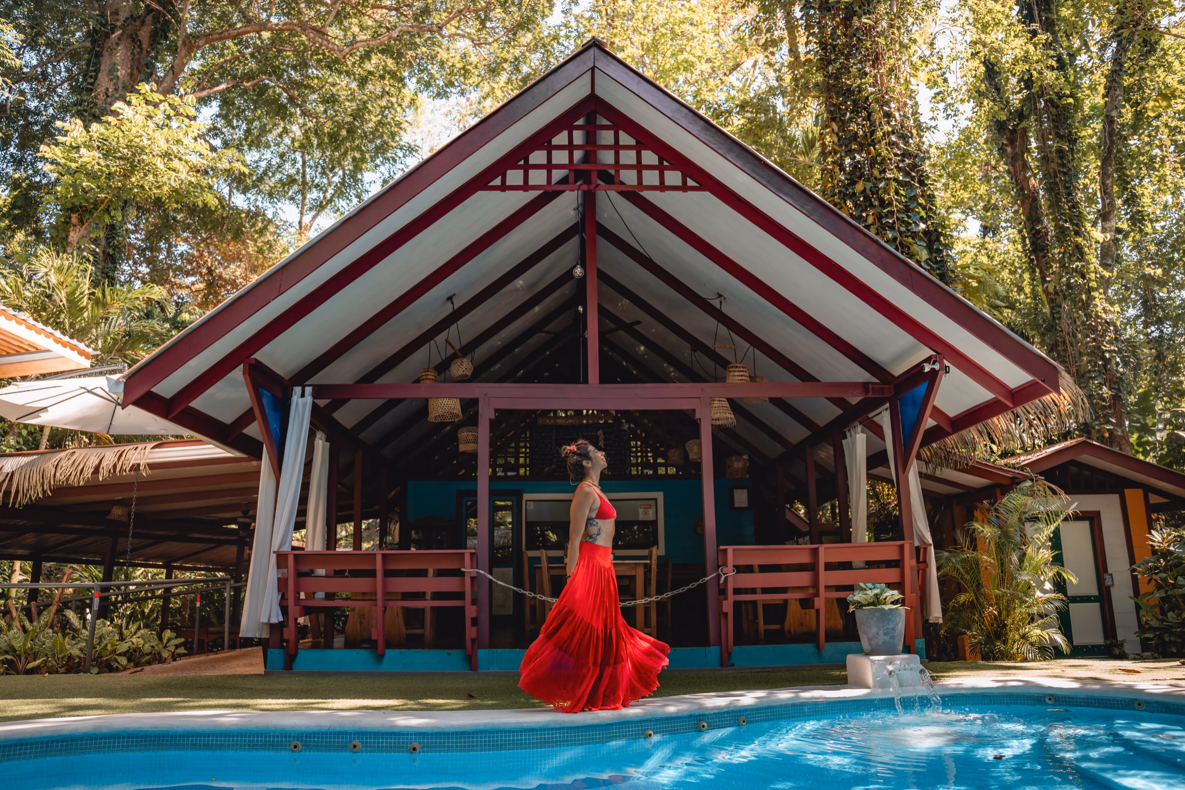 Namuwoki Lodge pool and main pavilion surrounded by jungle, Playa Chiquita, Costa Rica